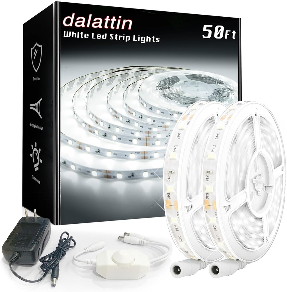 50ft White LED Strip Lights 24V Dimmable 6500K Bright