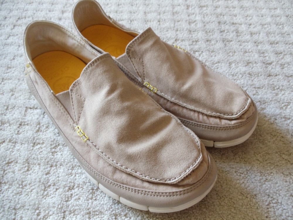 Crocs Shoes Men’s 12 Stretch Sole Slip On Loafers Tan Taupe Canvas Low Top 14773