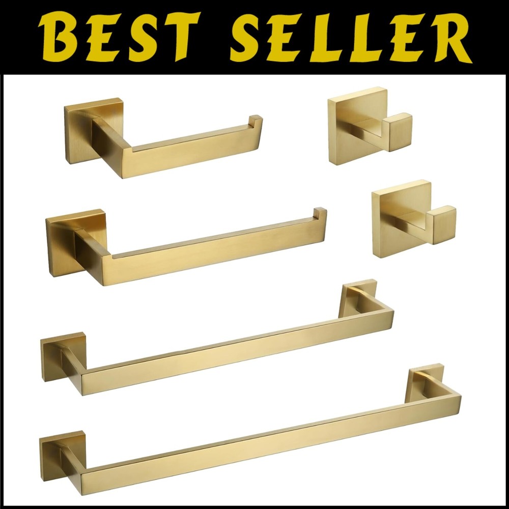 Brushed Gold Stainless Steel 6-Piece Modern Bathroom Set with Towel Bars