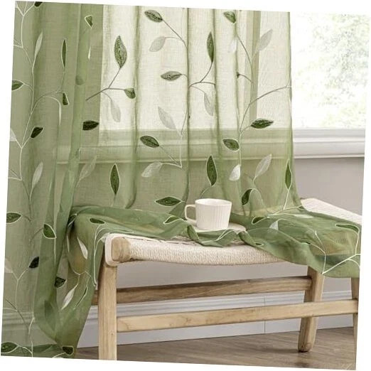 Sheer Curtains 2 Panels Embroidered Leaf 52