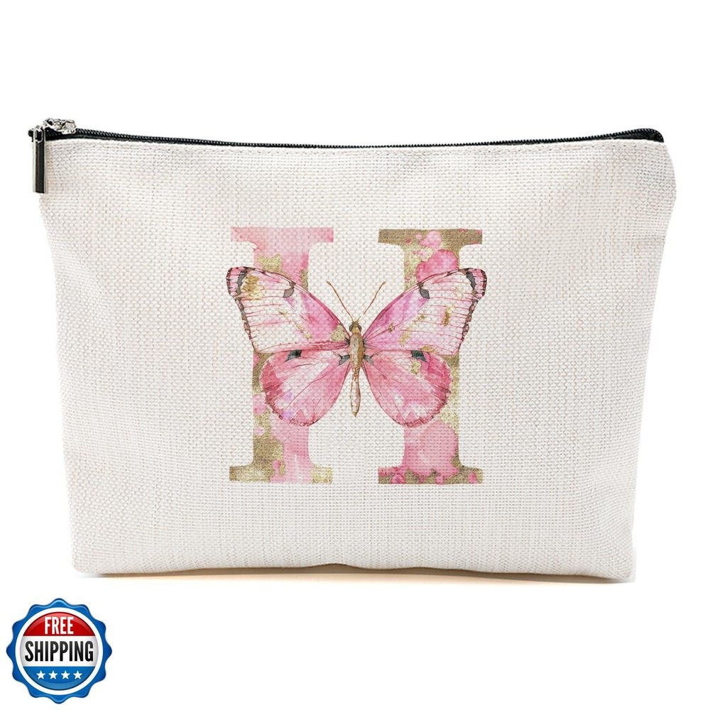 CSHVJ Initial Makeup Bag Pink Butterfly H Personalized Cosmetic Bag Monogramm