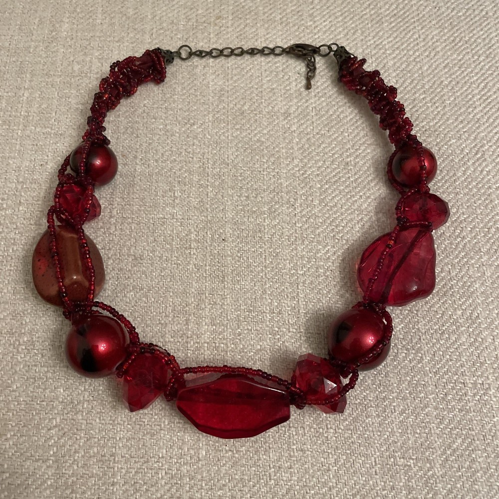 Vintage Burgundy Red Necklace Choker Glass Lucite Wrap Seed Bead Boho Goth