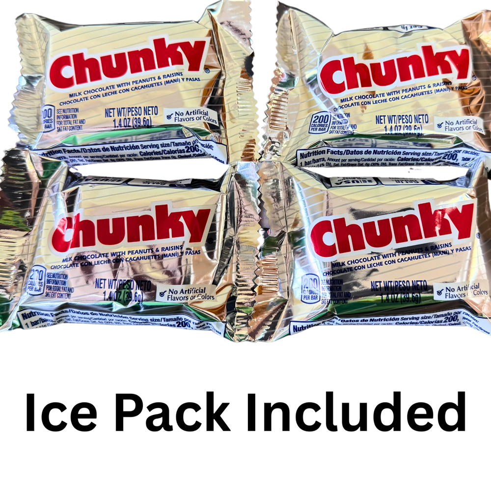 Chunky Candy Bars 4 Pack Retro Chocolate Peanut Raisin with Ice Pack Shipping