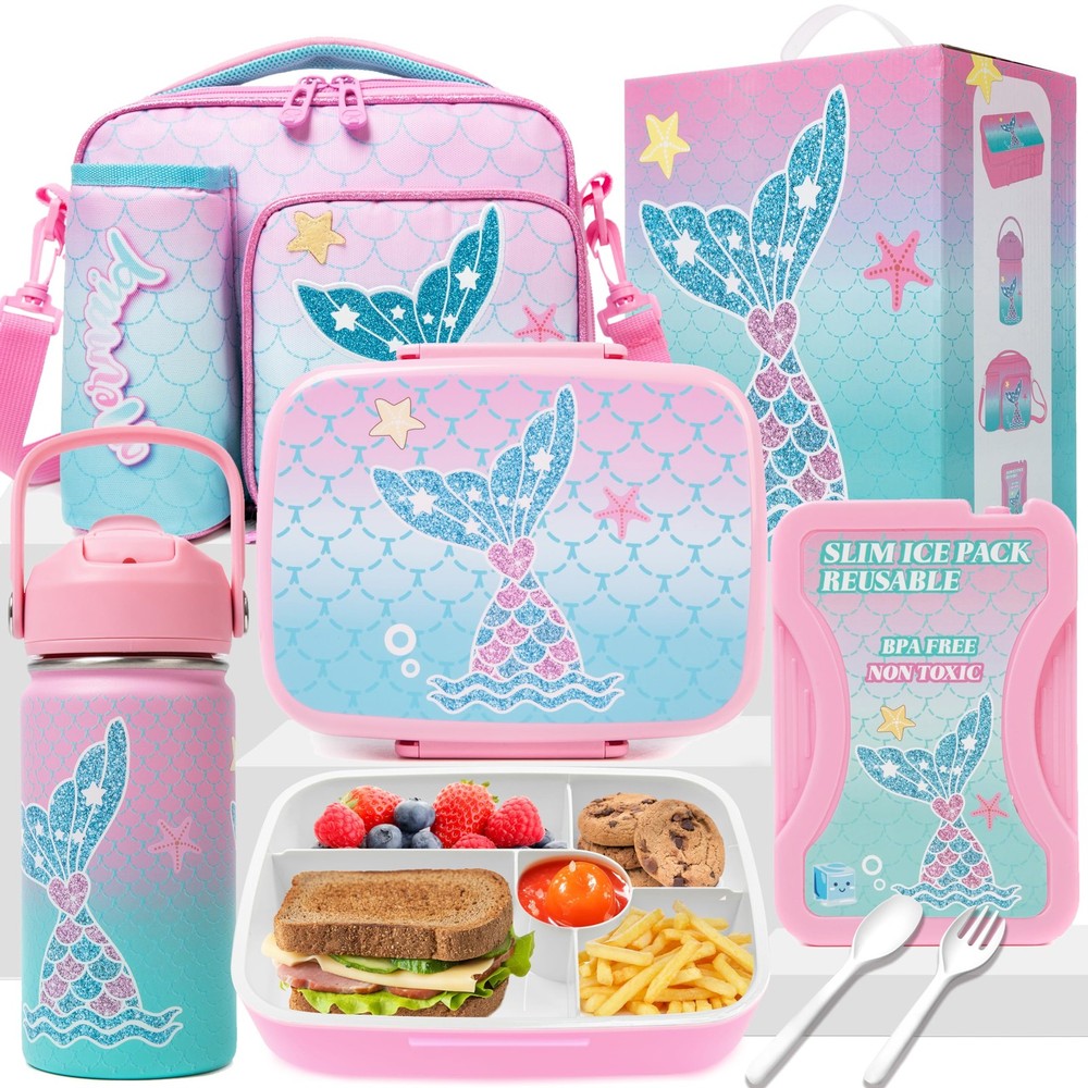 Mermaid Themed 5-Compartment Stainless Steel Kids Bento Lunch Box Set
