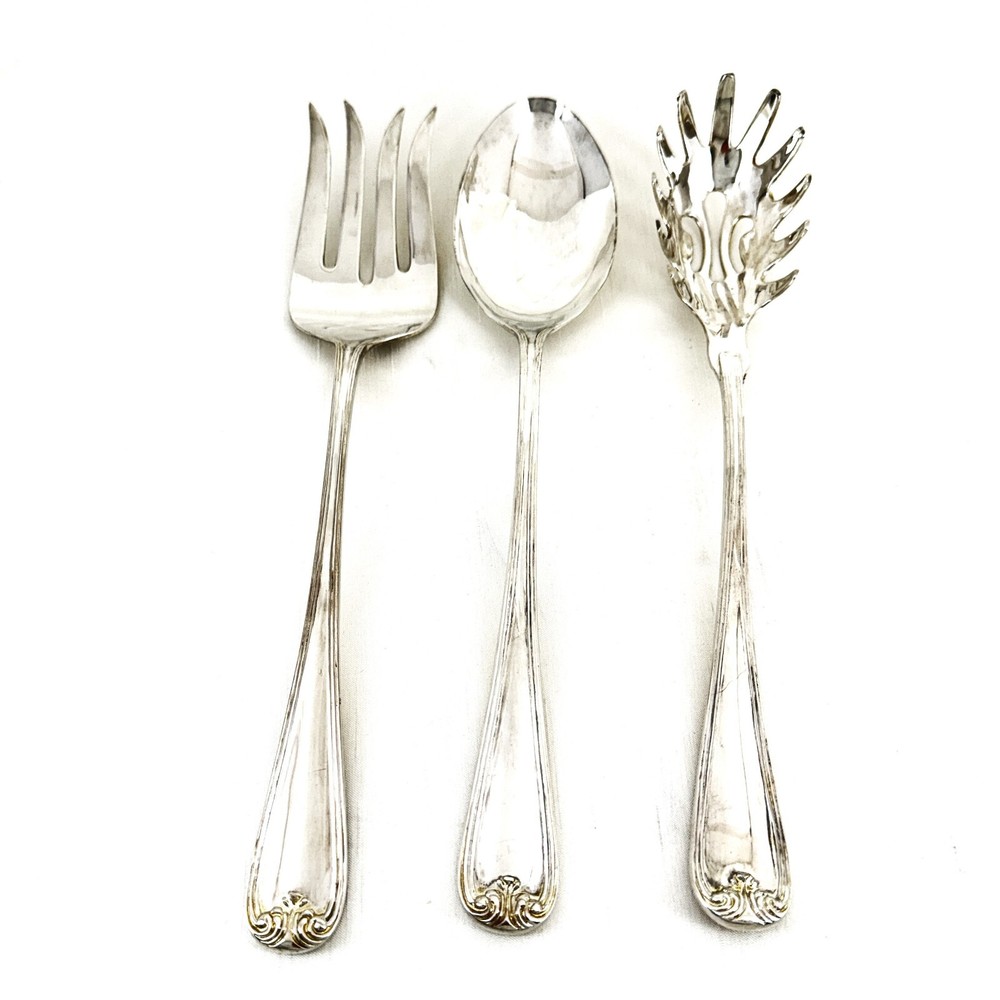 Lot of 3 Silverplate Serving Fork, Spoon, Pasta Fork - Resembles Gorham Heritage