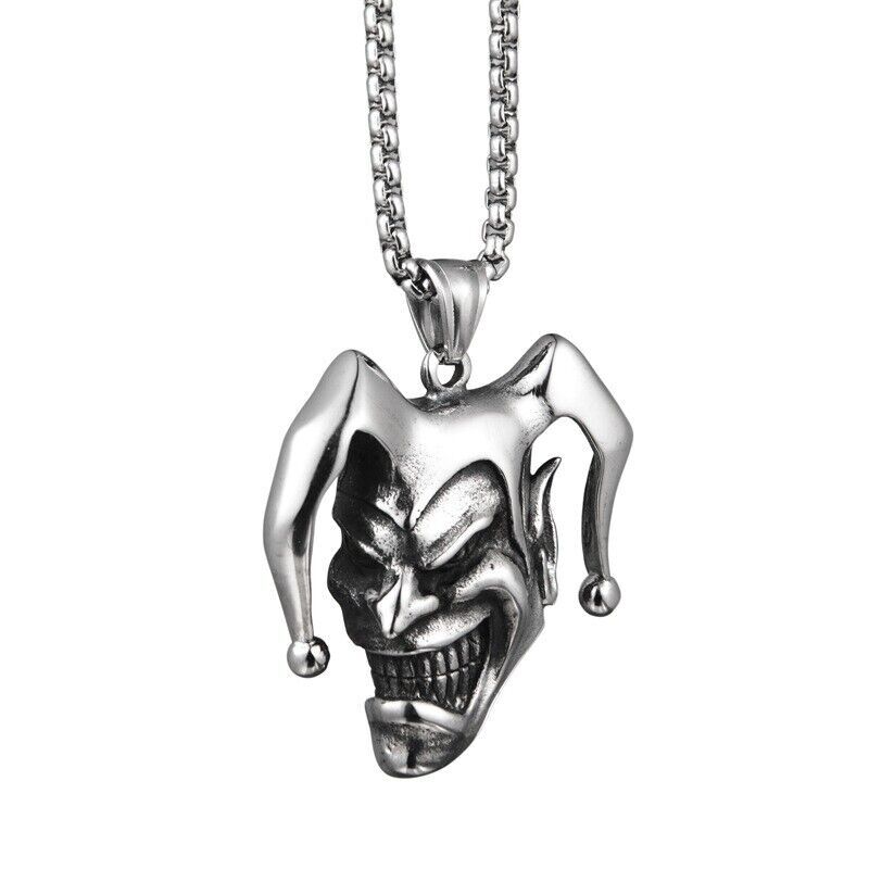 Mens Stainless Steel Punk Boys Joker Clown Pendant Necklace Jewelry Box Chain