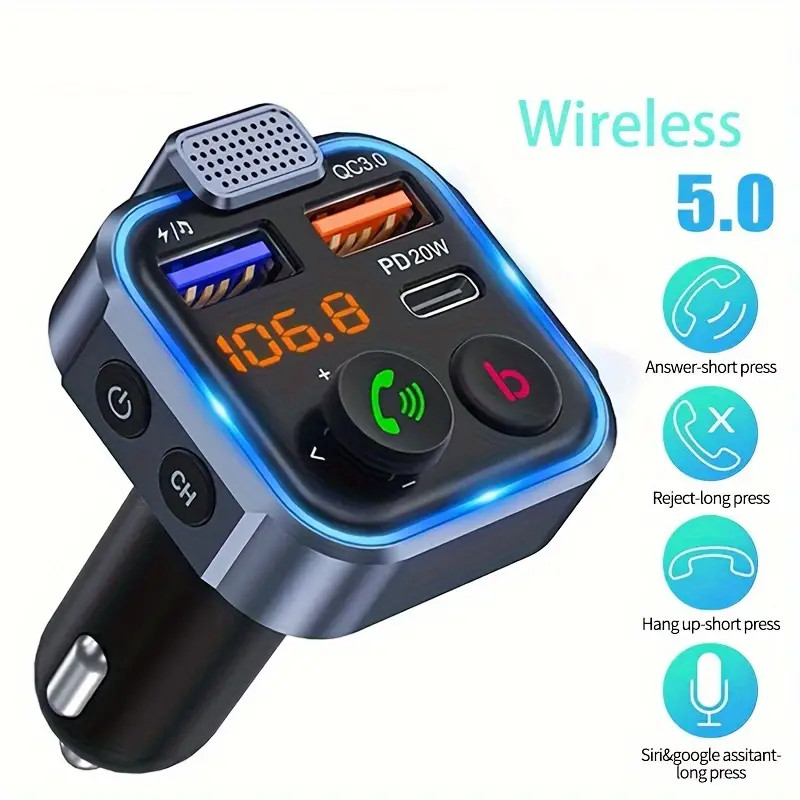 Bluetooth 5.0 Car FM Transmitter with USB PD Fast Charging & Hands-Free Calling