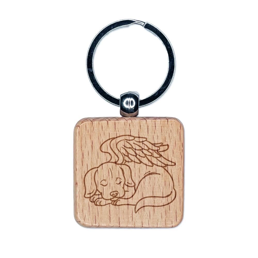 Sleeping Angel Dog Loss of Pet Engraved Wood Square Keychain Tag Charm