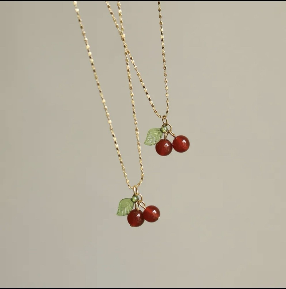 18K Gold Plated Retro Cherry Resin Pendant Stainless Steel Necklace  