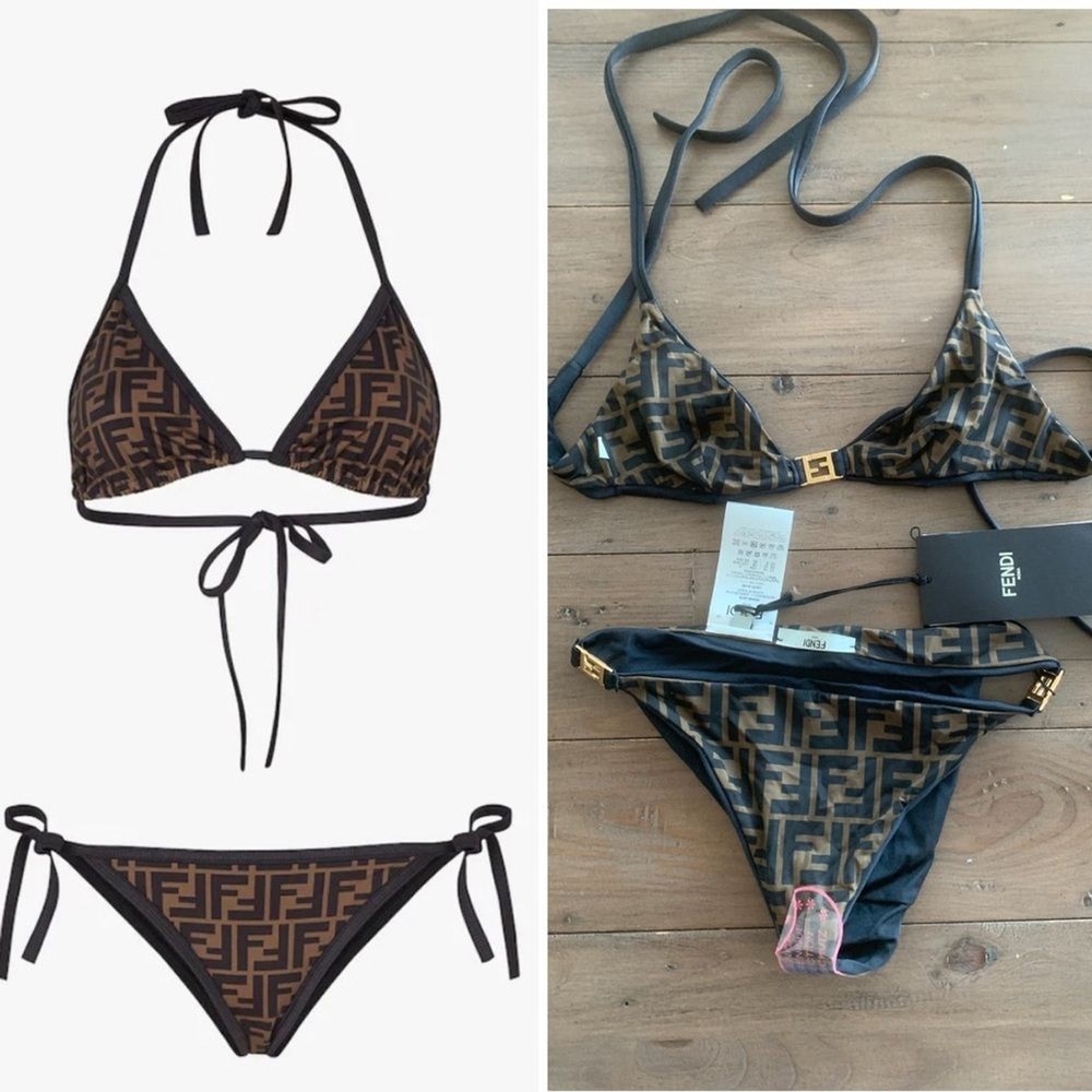 RRP US$670 Fendi Lycra FF logo brown bikini NWT IT36 XS