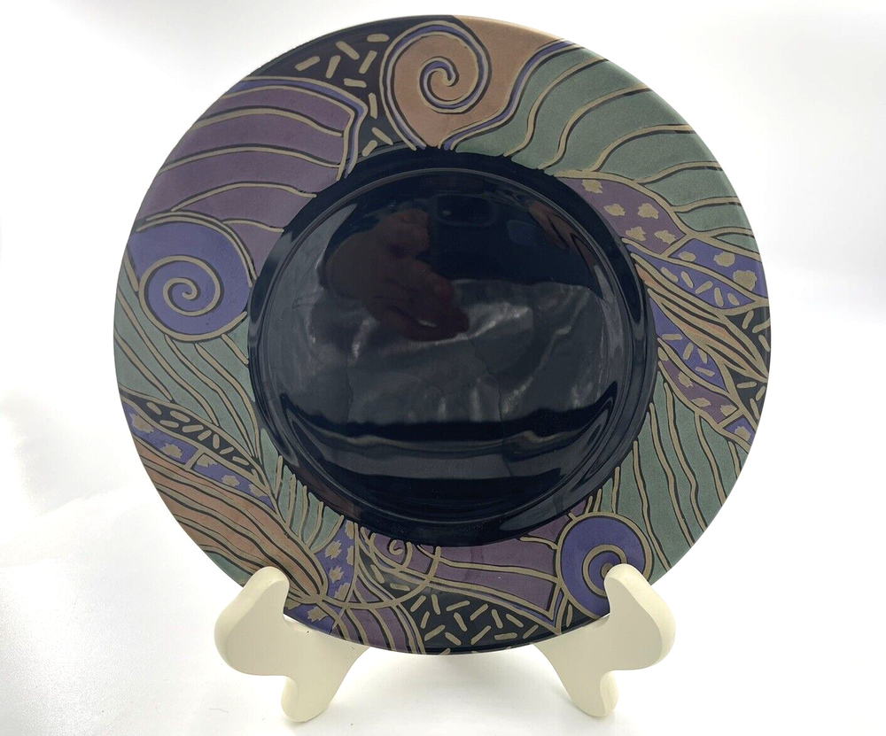 4 Arcoroc Tampico Salad Dessert Plates Black Glass Iridescent Abstract 1990s