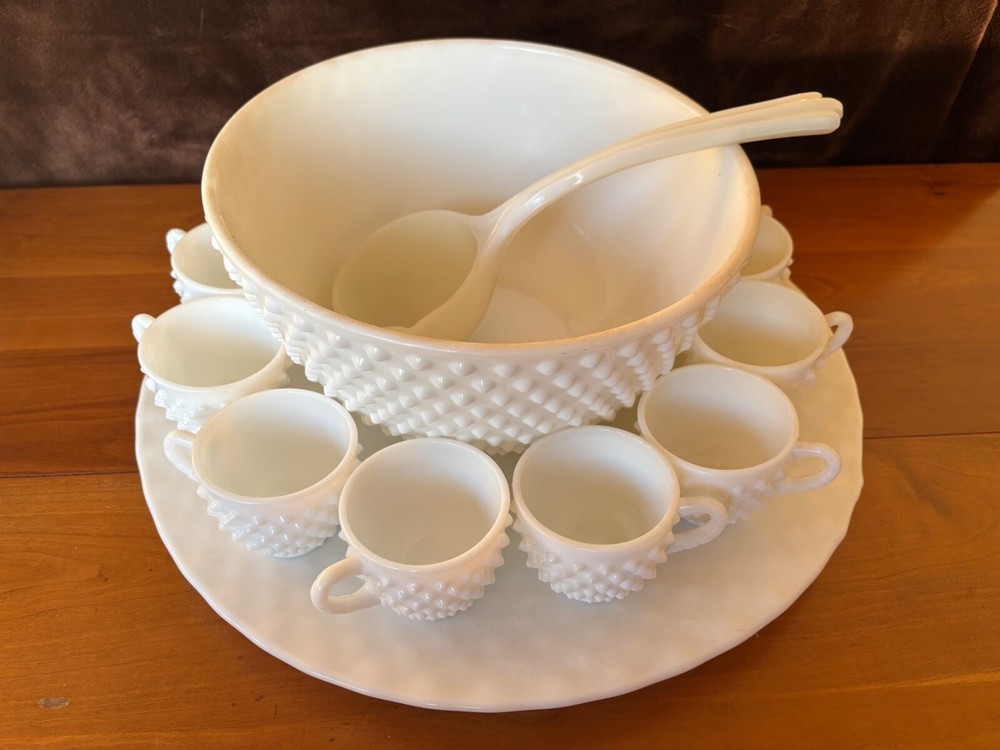 Vintage Fenton Hobnail Milk Glass Punch Bowl Set, 18 piece