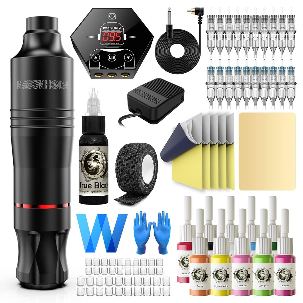 Wireless Tattoo Pen Machine Kit with Rotary Gun Cartridge Needles Ink & Power Supply
