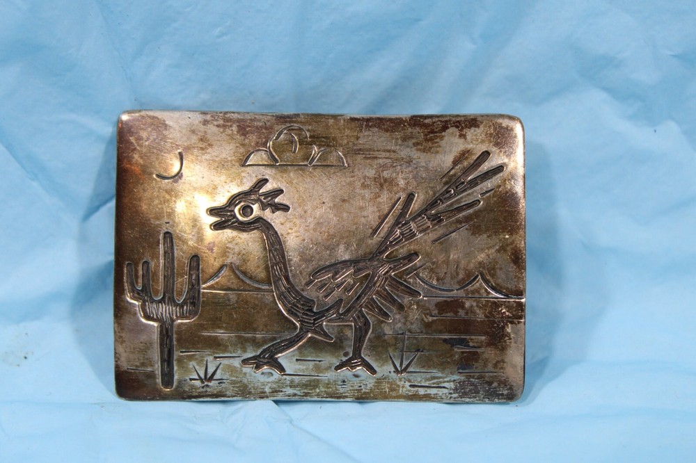 Vintage Navajo T A Begay Sterling Belt Buckle Roadrunner Saguaro Cactus C1-5