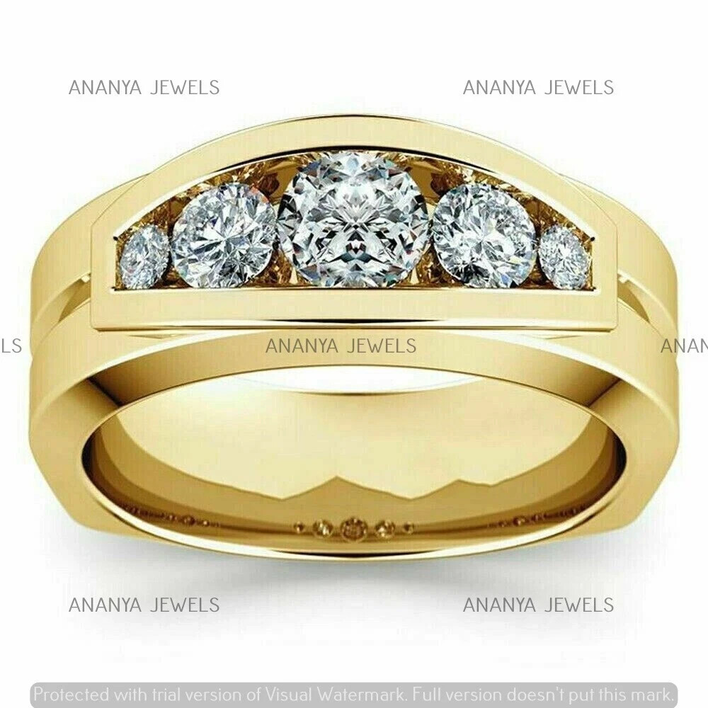 3 Ct Round Cut Moissanite Men's Wedding Five Stone Ring 14K Yellow Gold Plated