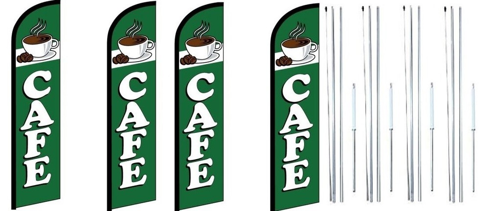 Cafe (Green) Windless Flag With Complete Hybrid Pole set- 4 pack