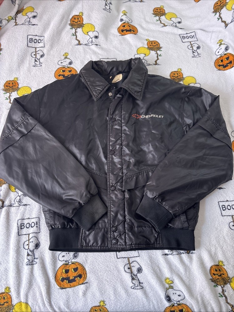 Vintage Chevrolet Heartbeat of America  Satin Bomber Jacket Black Large Rare HTF