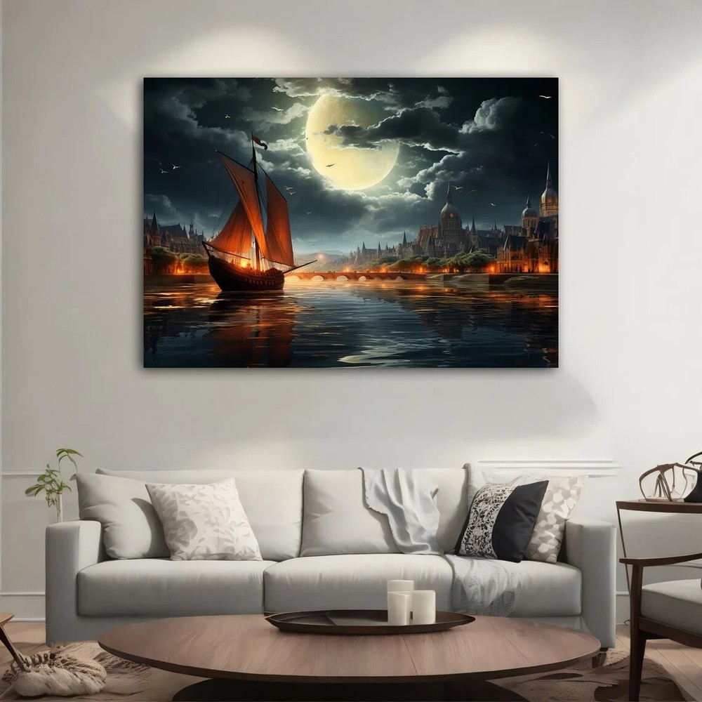 Ship In the Ocean at Night with Moon Unframed Canvas Print Australian Wall Art