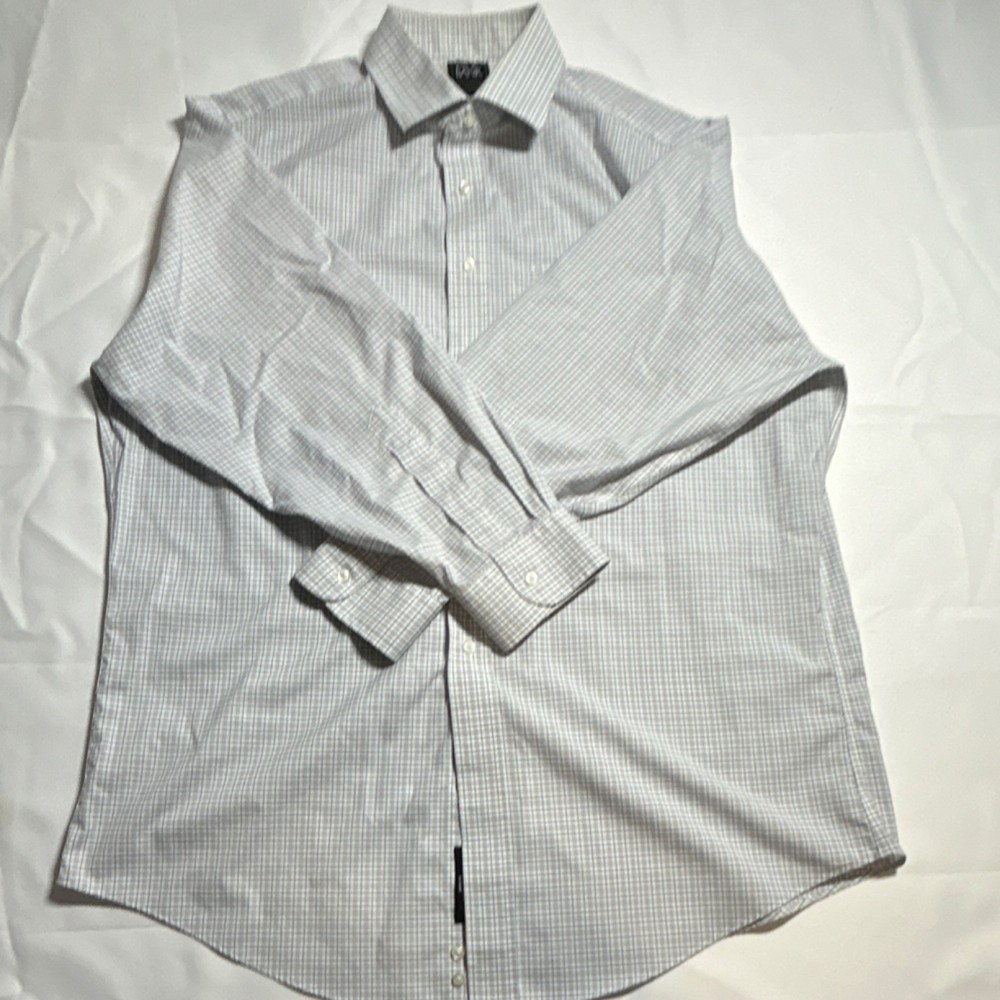 Jos. A. Bank Traveller Tailored Fit 17.5 White Blue Check Cotton Dress Shirt 33