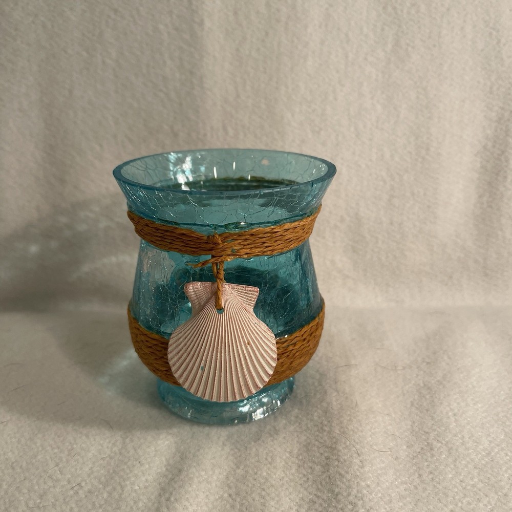 Turquoise Crackle Glass Votive Holder W/ Rope Accent & Seashell Nautical Decor