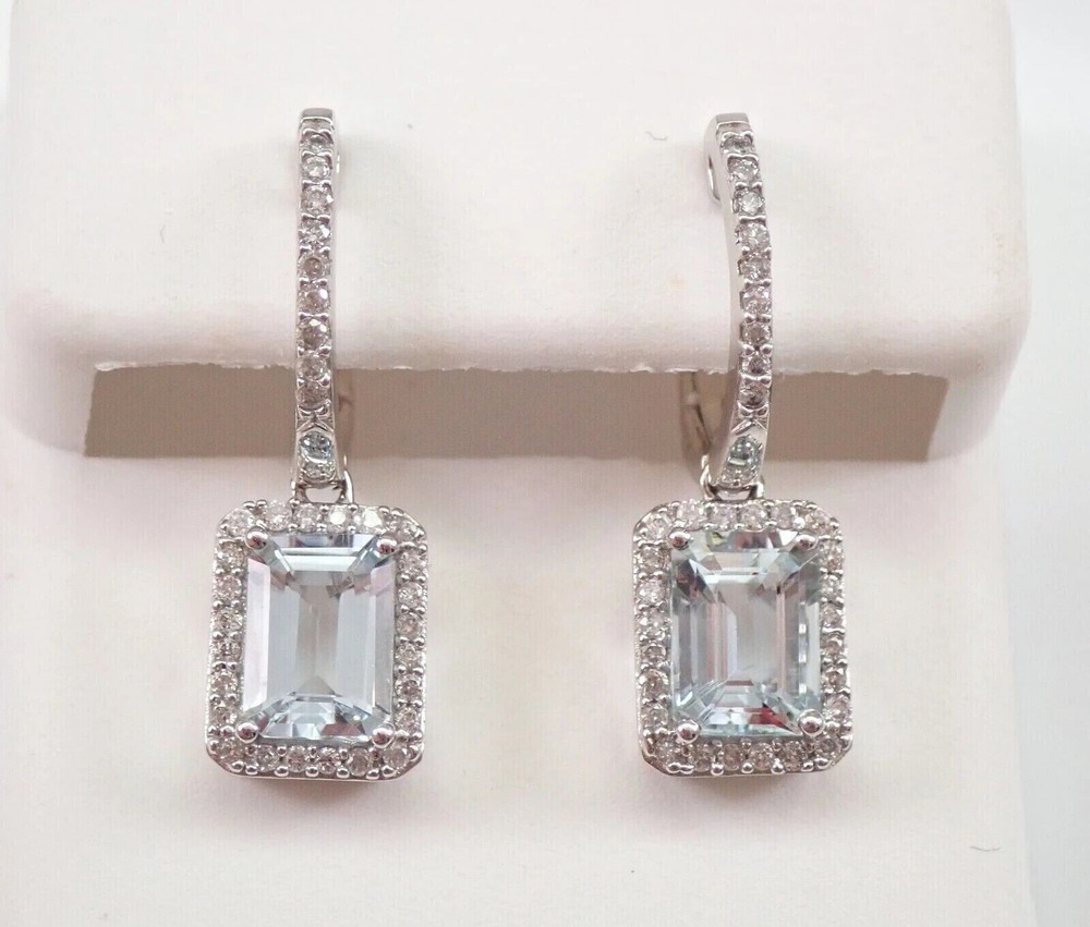 4Ct Emerald Cut Simulated Aquamarine Halo Drop Earrings in 14K White Gold Plated