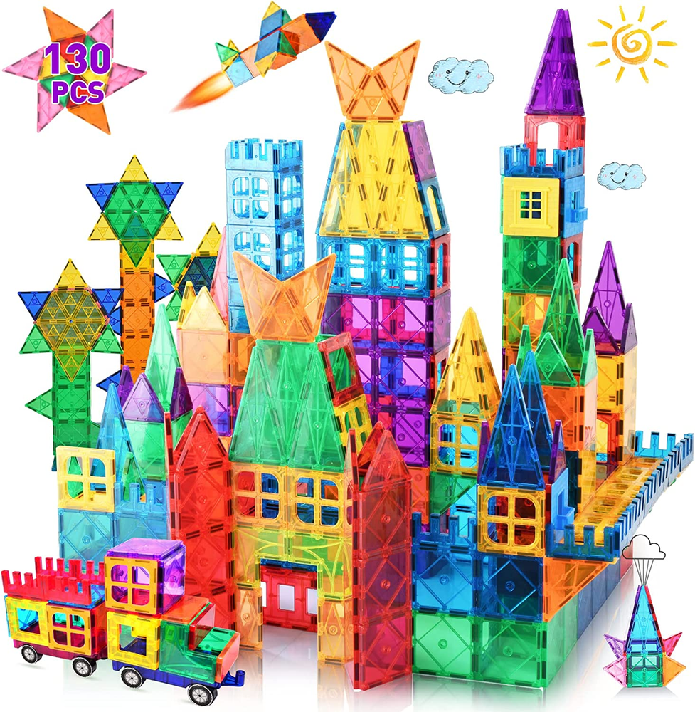 130 Pcs Magnetic Tiles, Magnet Building Blocks for Kids STEM Construction Set Cl