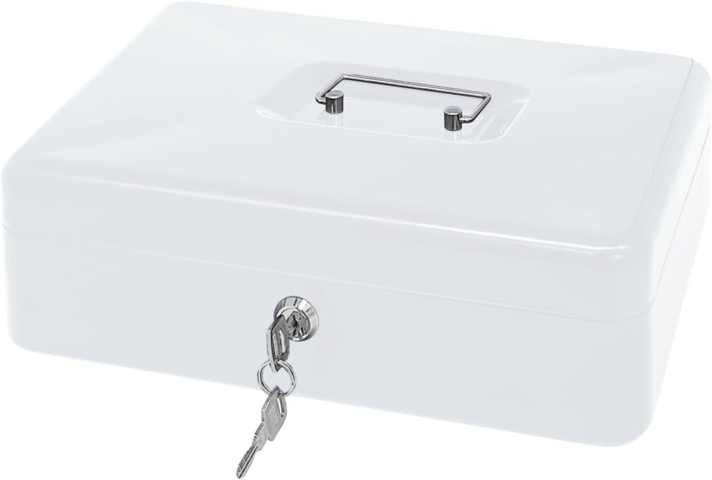 Steel Cash Box with Key Lock, Metal Small Money White- 11.8