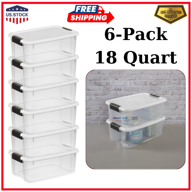 6-Pack Stackable Storage Bin with Lid, Clear Plastic Design, 18 Quart