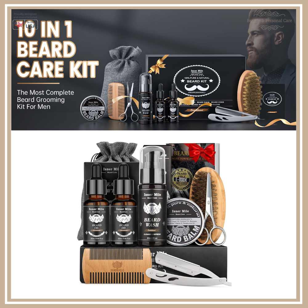Beard Grooming Kit for Men with Oil Balm Brush Comb Scissors Hydrating Unscented Gift Set