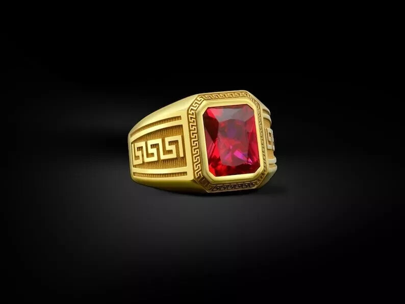 3Ct Emerald Cut Lab Created Ruby Solitaire Men Pinky Ring 14K Yellow Gold Plated