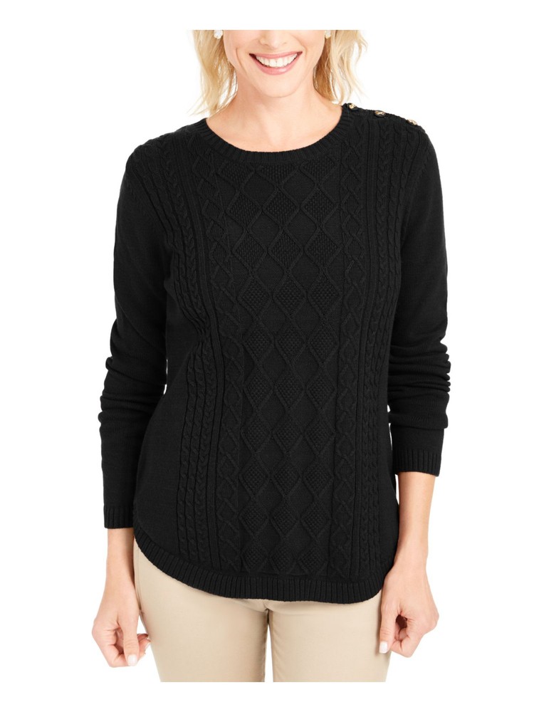CHARTER CLUB Womens Cable-knit Button-shoulder Long Sleeve Jewel Neck T-Shirt