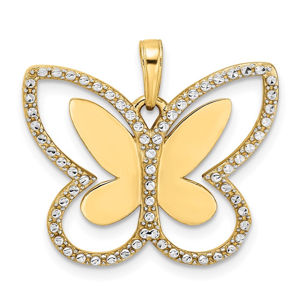 14k Yellow Gold and White Rhodium Diamond-cut Butterfly Pendant L-0.84 Inch