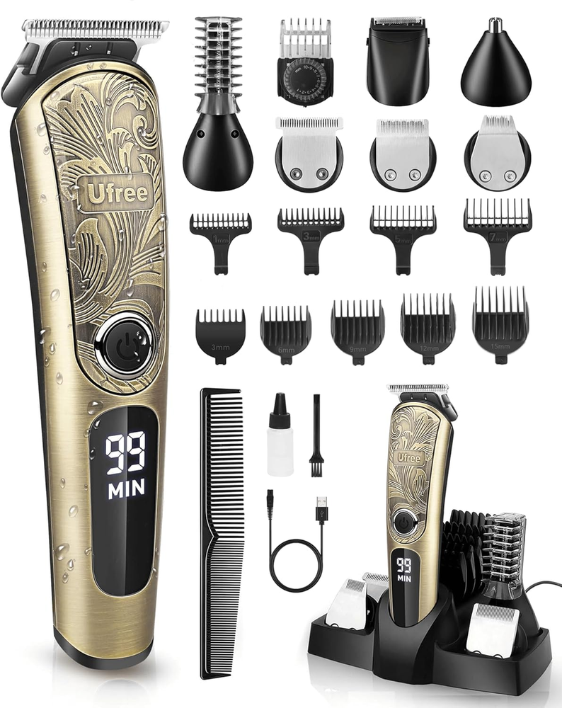 Men's Waterproof Beard Trimmer Kit with Nose Mustache Body Grooming Clippers