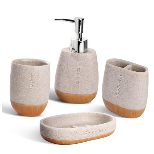 Bathroom Accessory Set：4 Pcs Soap Dispenser Toothbrush Set - Toothbrush Beige