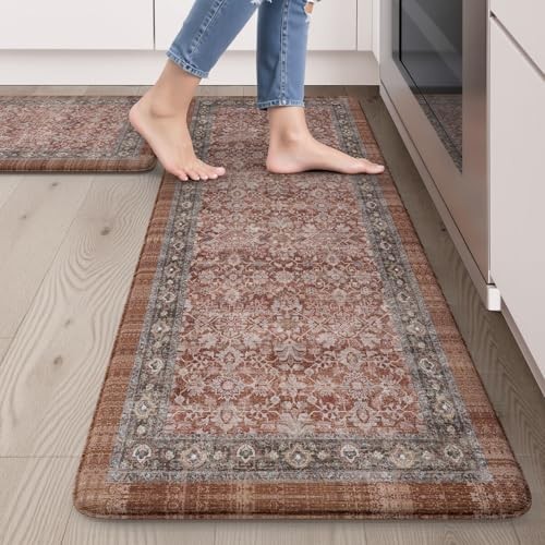 Farmhouse Anti Fatigue Mats for Kitchen Floor, Distressed Kitchen Rugs Non