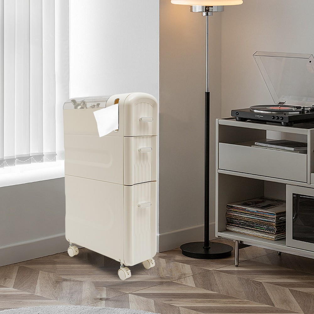 3-Tier Beige Rolling Storage Cabinet with 3 Drawers for Modern Organization