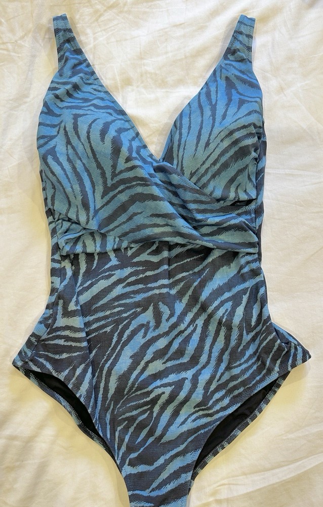 Gottex Blue Zebra Stripes Crossover One Piece Swimsuit Bathing Suit Swim 14