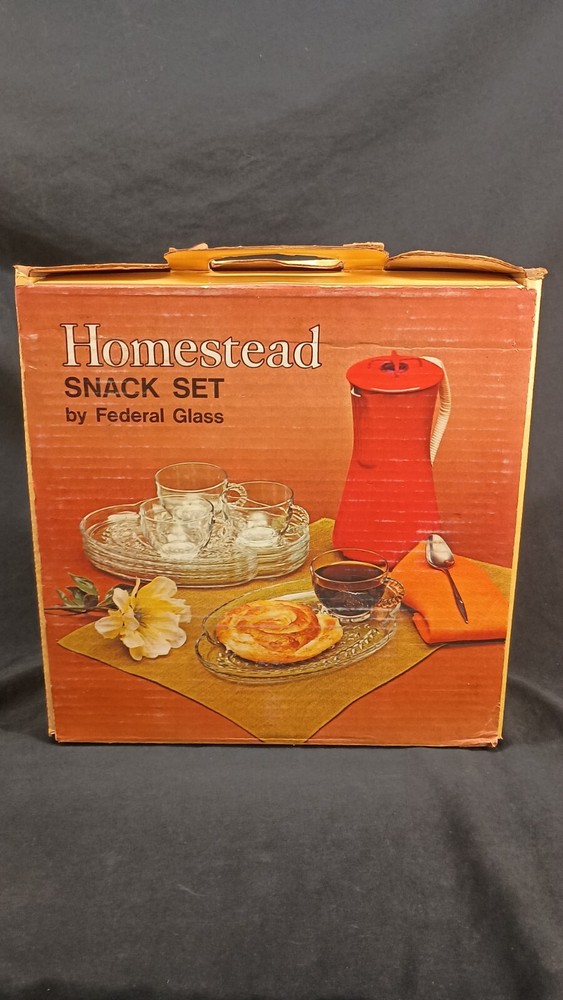 Vintage CLEAR FEDERAL GLASS 4 PIECE SNACK SET IN BOX PLATE CUP MCM