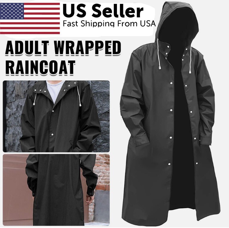 Men Waterproof Long Raincoat Black Rain Coat Hooded Trench Jacket Outdoor Hiking