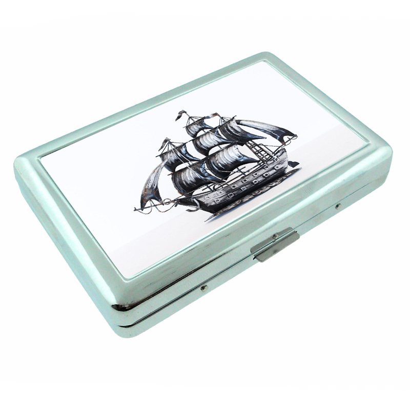 Vintage Pirate Ship D3 Silver Metal Cigarette Case RFID Protection Wallet