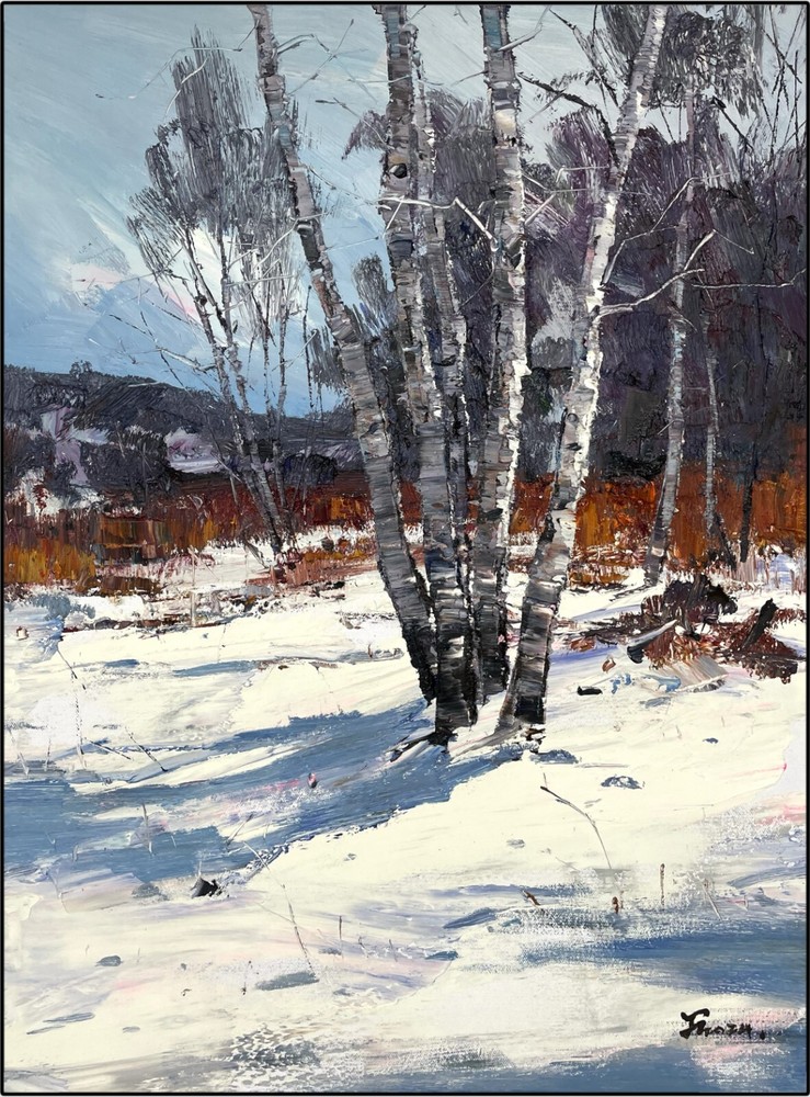 Winter Birch Forest Oil Painting - Hand-Painted Winter Forest Landscape Artwork,