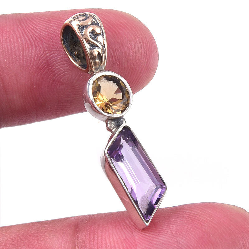 Natural Pink Amethyst Citrine 925 Sterling Silver Pendant 1.25 Inches