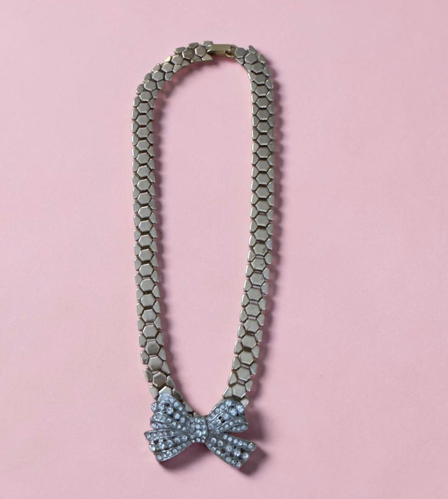 Vintage RARE Signed Reinad Link BOW Rhinestone Necklace Polished Brass