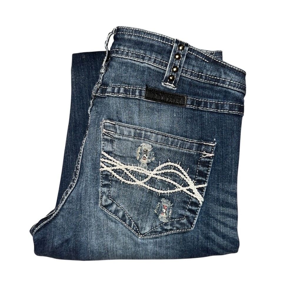 Cowgirl Tuff Rock Distressed Studded Paisley Bootcut Jeans Womens Size 27x32