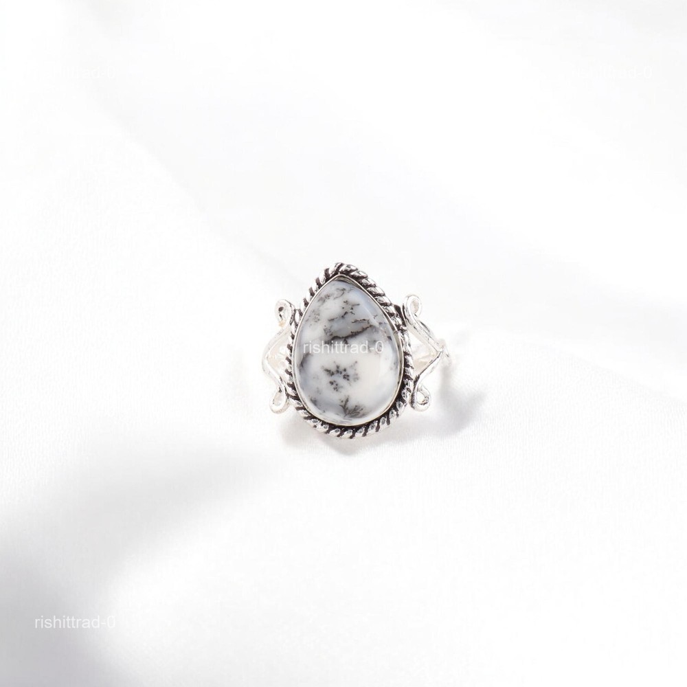 Christmas Deal Sterling Silver Pear Dendrite Opal Stone Mother Band Ring Jewelry