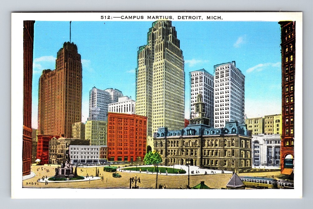 Vintage Detroit MI Aerial View Campus Martius Postcard