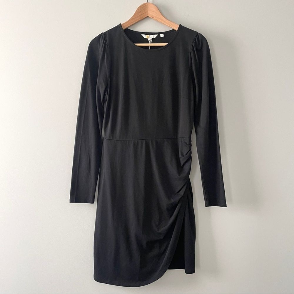 Boden Ruched Jersey Long Sleeve Mini Dress Black Cotton Modal US 4 Small D0429