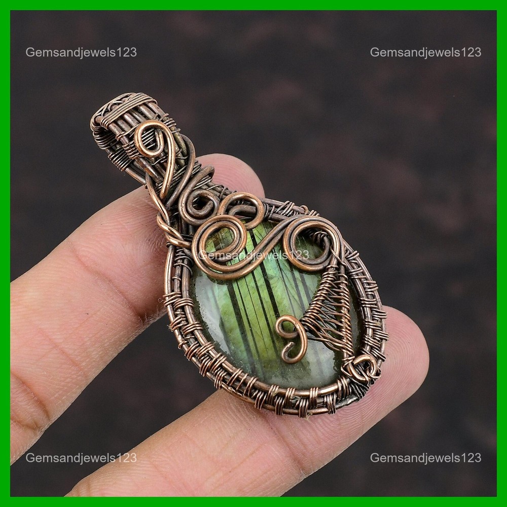Easter Special Copper Oval Labradorite Wire Wrapped Handmade Pendant