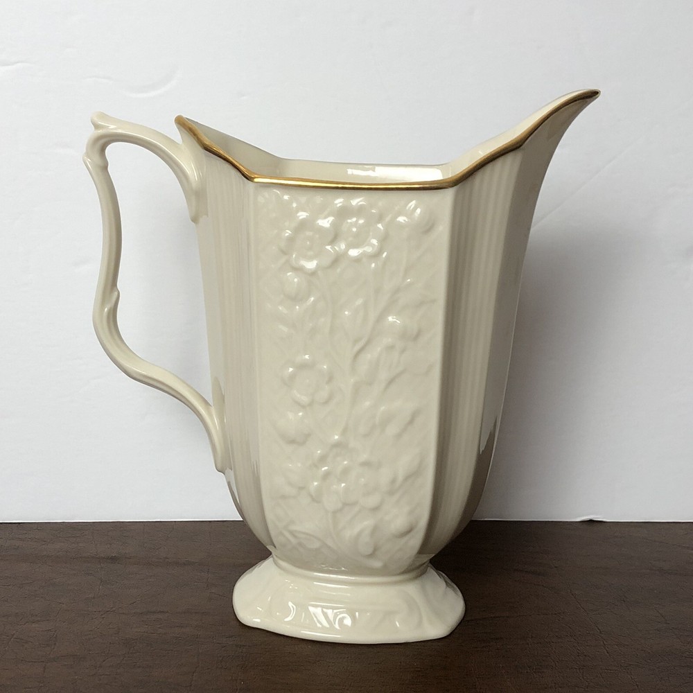 VINTAGE IVORY LENOX PITCHER CAROLINA EMBOSSED GOLD TRIM FOOTED MADE IN USA