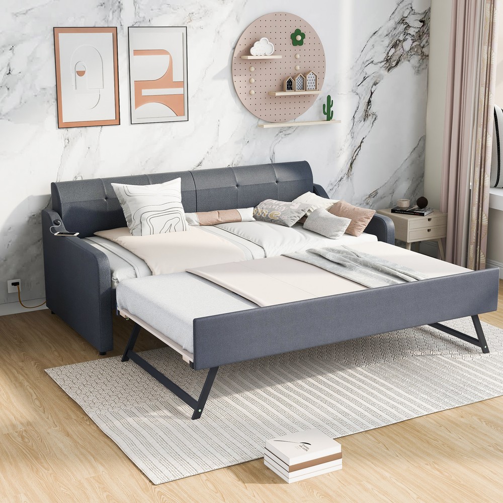 Twin Upholstered Daybed with Trundle & USB Charging in Gray
